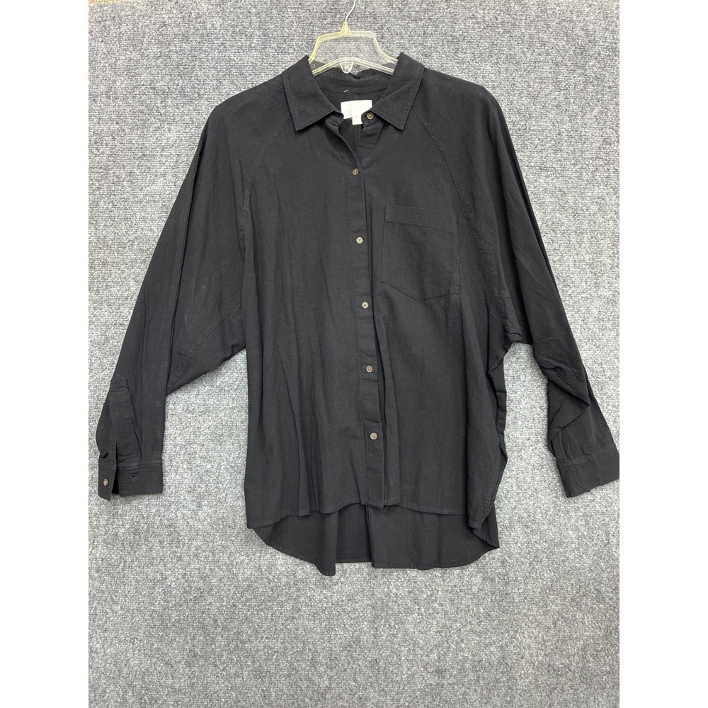 Every Womens Black 100% Cotton Raglan Long Sleeve Button Down Shirt Size M NEW